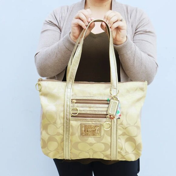 Coach Poppy Op Art Gold Signature C's Tote Bag Purse - Picture 1 of 16